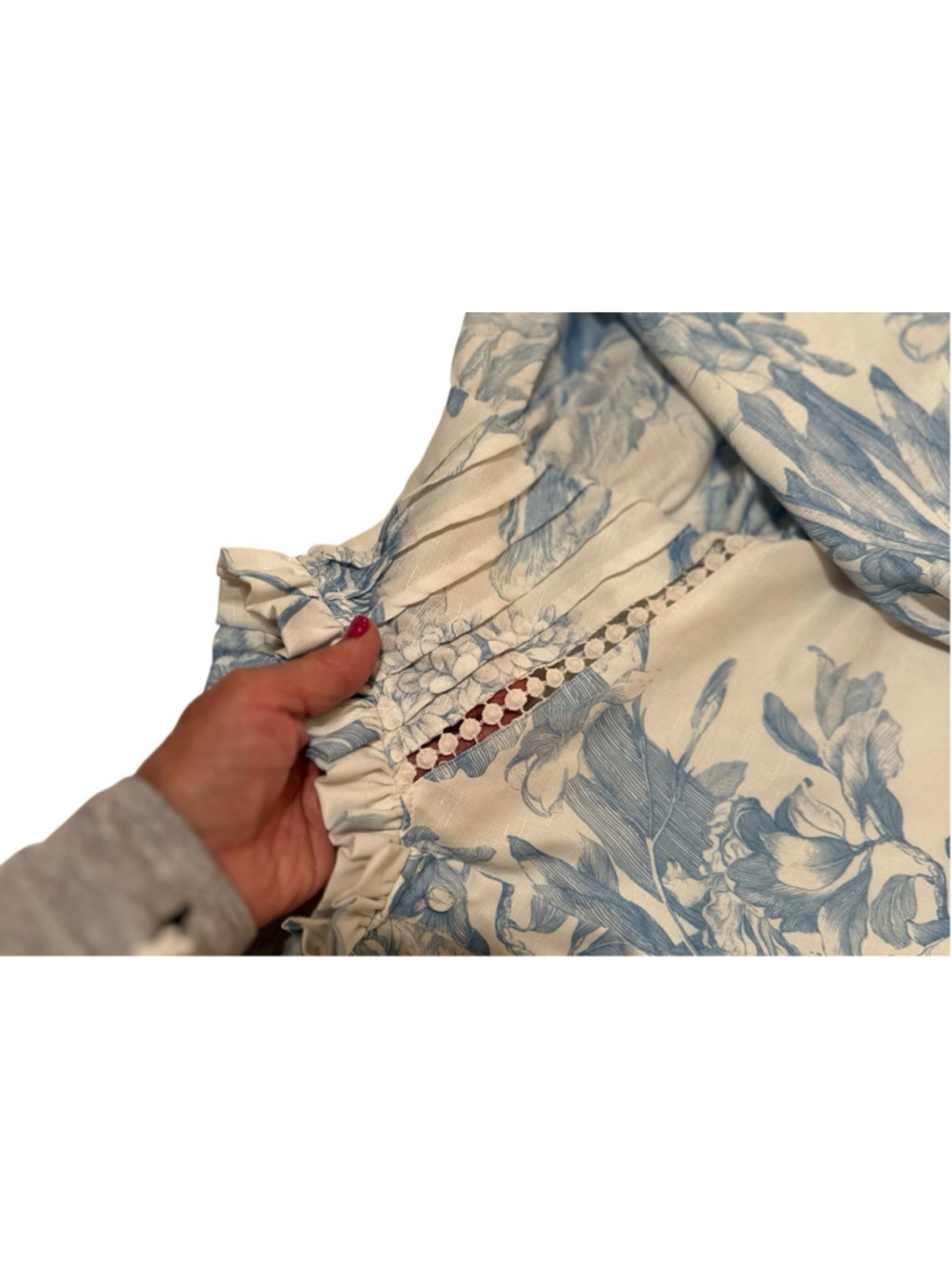 AVE Linen Floral Blouse Womens XL Ruffle Collar Covered Buttons Balloon Sleeves - Picture 8 of 17